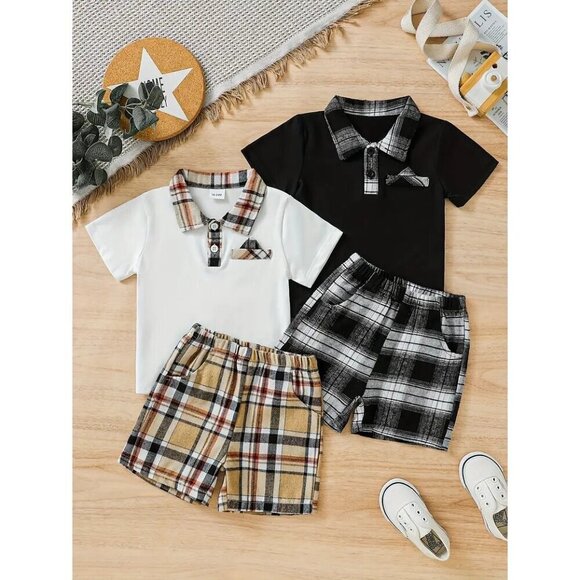 Baby's Plaid Pattern Summer Casual Outfit, Short Sleeve Golf Shirt & Shorts, - Picture 1 of 5
